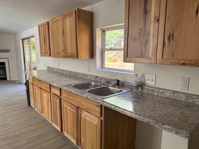 kitchen featuring a textured ceiling, light hardwood / wood-style floors, and sink