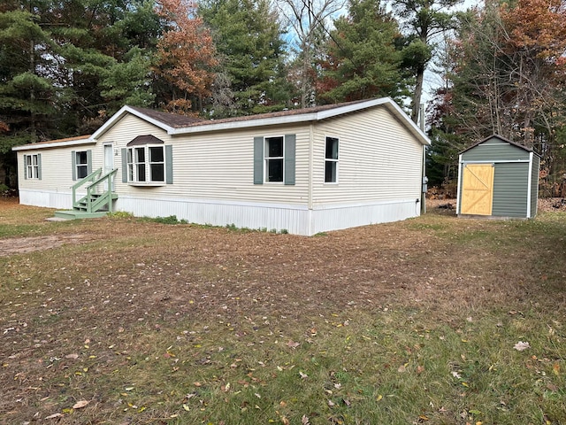 exterior space with a shed