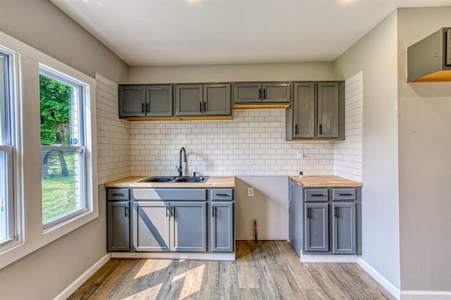 kitchen with sink, butcher block countertops, gray cabinets, decorative backsplash, and light wood-type flooring