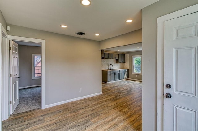 unfurnished living room with sink and dark wood-type flooring