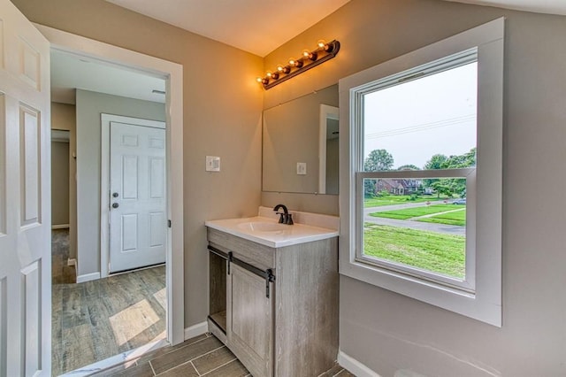 bathroom with wood-type flooring, vanity, and plenty of natural light