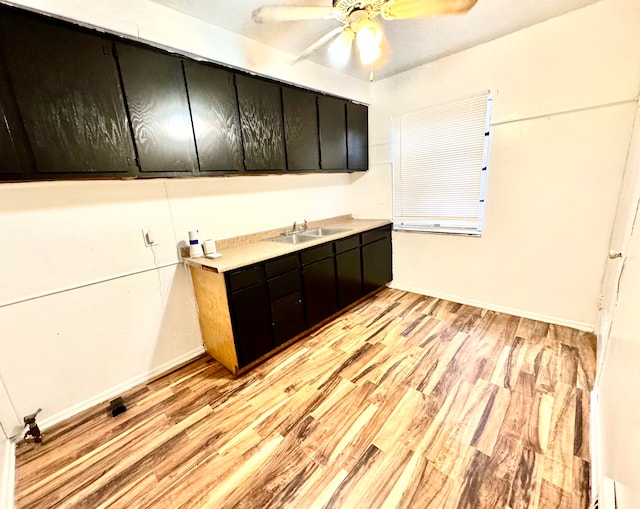 kitchen featuring ceiling fan, sink, and light hardwood / wood-style flooring