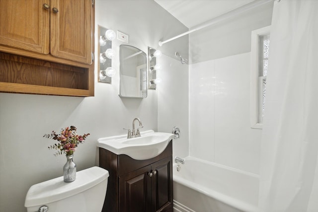 full bathroom with vanity, toilet, and shower / tub combo with curtain