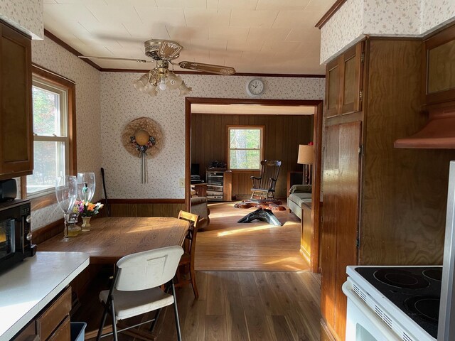 7468 W 6 1/2 Mile Rd, Irons, MI 49644 - kitchen featuring wallpapered walls, dark wood-style flooring, ceiling fan, wainscoting, and electric stove