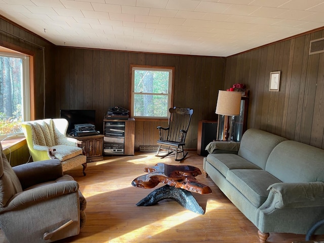 living room with light wood-type flooring and wood walls