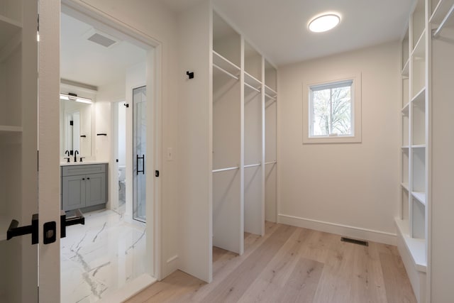 spacious closet featuring a sink, visible vents, and light wood-type flooring