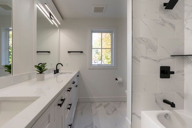 full bathroom featuring visible vents, marble finish floor, a sink, double vanity, and baseboards