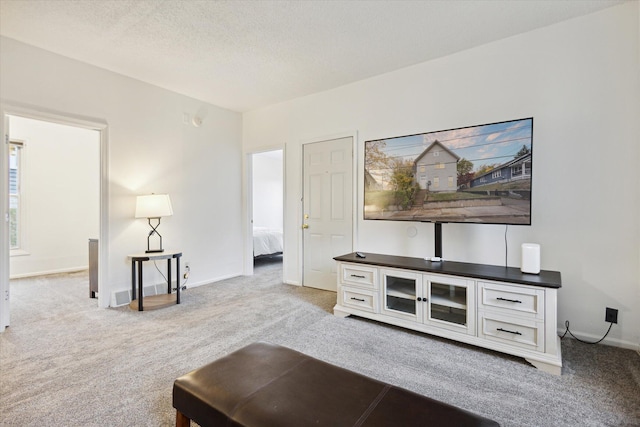 carpeted living room with a textured ceiling