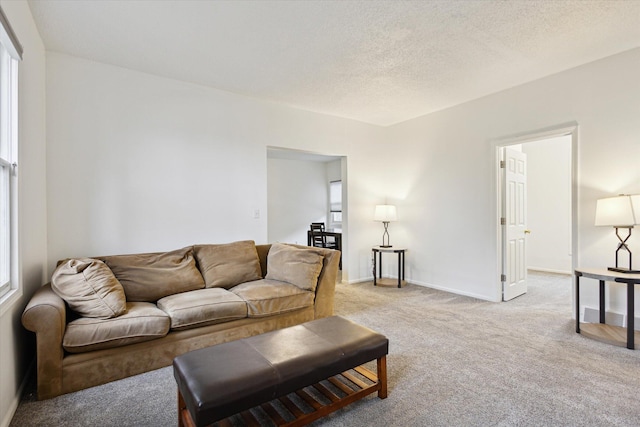 living room featuring light carpet, a textured ceiling, and a healthy amount of sunlight