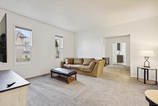 living room with carpet flooring and a textured ceiling