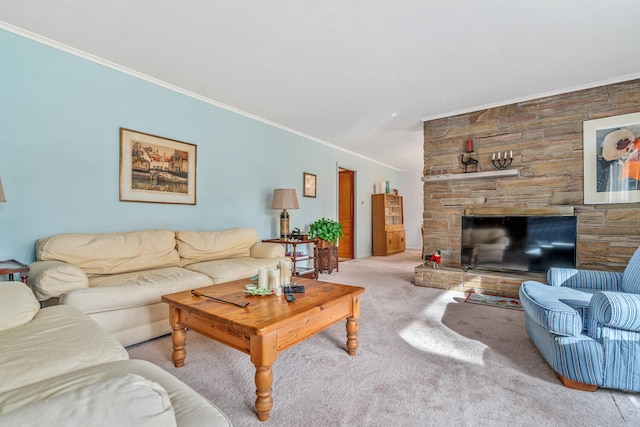 carpeted living room featuring a stone fireplace and ornamental molding