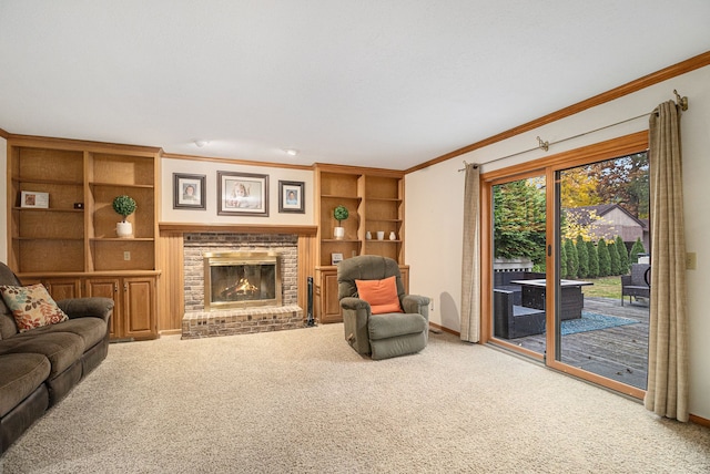 carpeted living room featuring ornamental molding and a brick fireplace