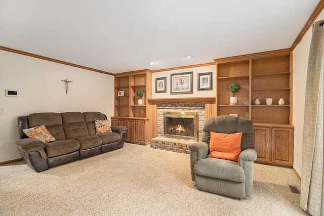 living room featuring light carpet, a fireplace, and crown molding