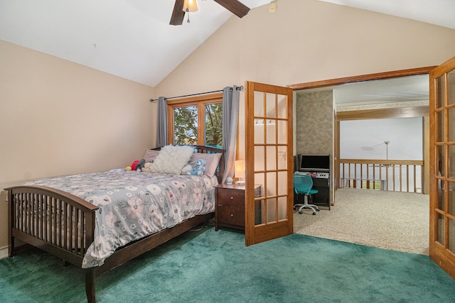 carpeted bedroom featuring french doors, high vaulted ceiling, and ceiling fan