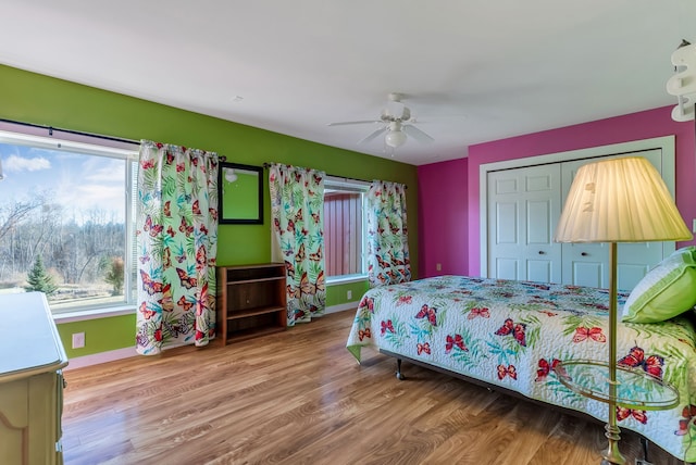 bedroom featuring multiple windows, hardwood / wood-style floors, a closet, and ceiling fan