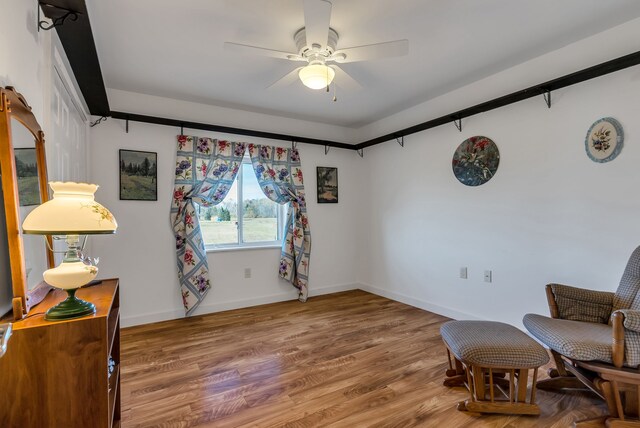 381 S Lorenz Rd, Tawas City, MI 48763 - living area with a ceiling fan, wood finished floors, and baseboards