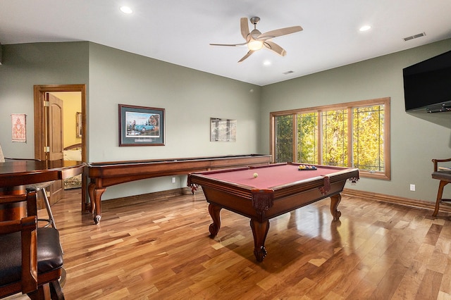 game room featuring ceiling fan, light hardwood / wood-style floors, and billiards