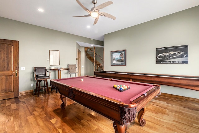 recreation room featuring hardwood / wood-style flooring, ceiling fan, and billiards