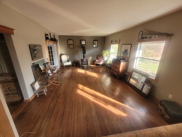 interior space with dark wood-type flooring and a wood stove