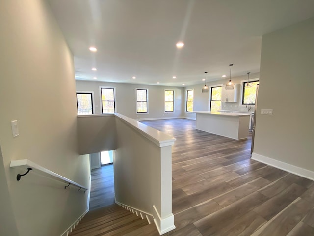 stairs featuring hardwood / wood-style flooring