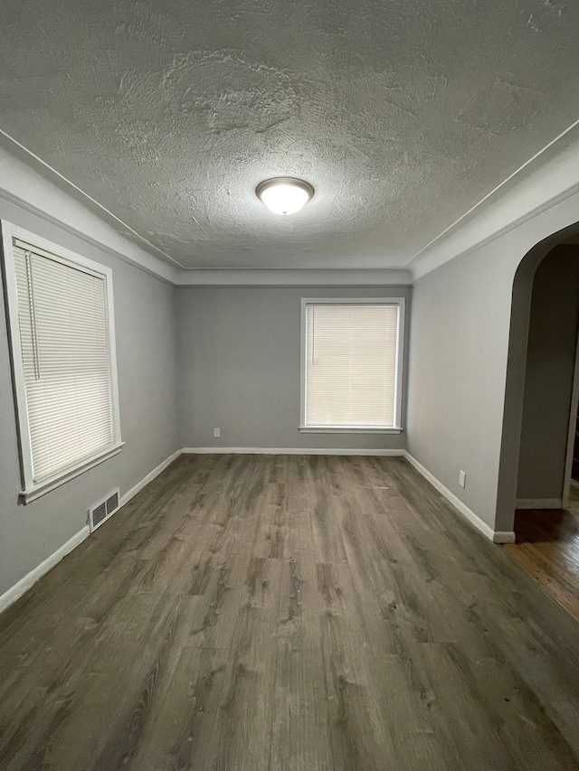 empty room with a textured ceiling, plenty of natural light, and dark wood-type flooring