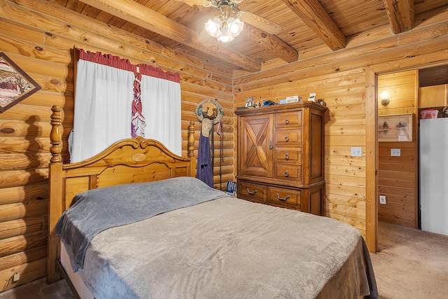 carpeted bedroom with beam ceiling, rustic walls, ceiling fan, and wooden ceiling