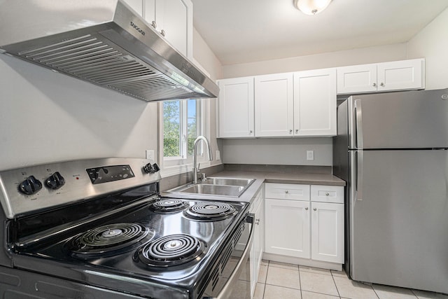 kitchen with white cabinets, appliances with stainless steel finishes, and extractor fan