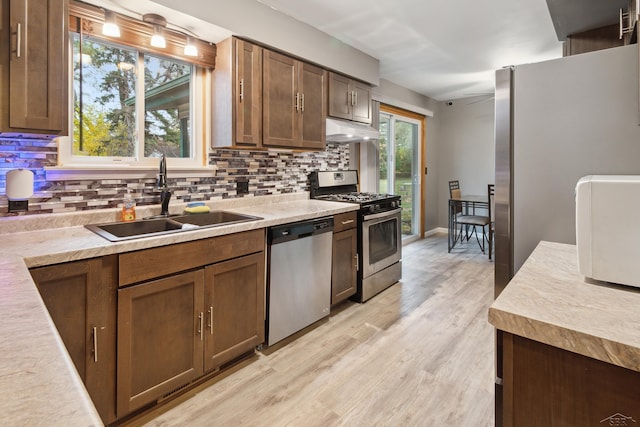 kitchen featuring plenty of natural light, light wood-type flooring, sink, and appliances with stainless steel finishes