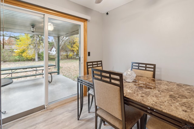 dining room featuring ceiling fan and light wood-type flooring