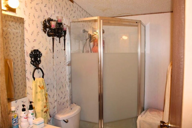 bathroom with a shower with door, a textured ceiling, and toilet