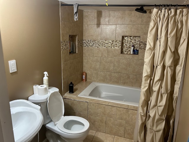 full bathroom with toilet, shower / bath combination with curtain, tile patterned floors, and sink