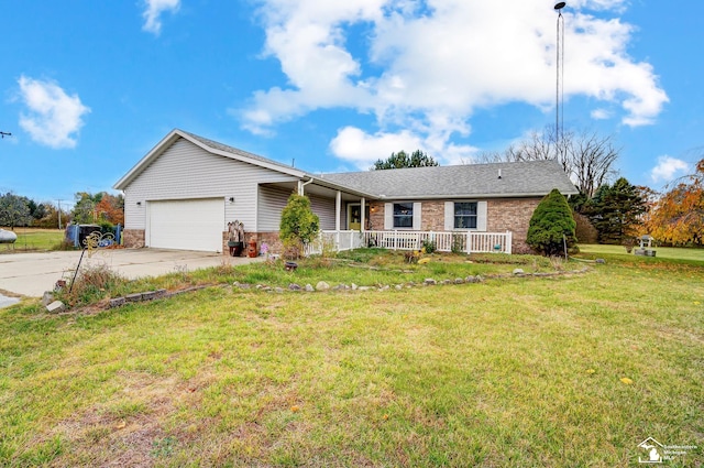 ranch-style house with a front yard, a porch, and a garage