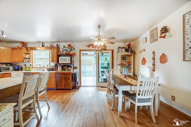 dining area with ceiling fan, sink, and light hardwood / wood-style floors