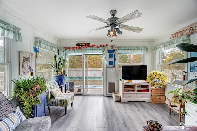 interior space featuring ceiling fan and a healthy amount of sunlight