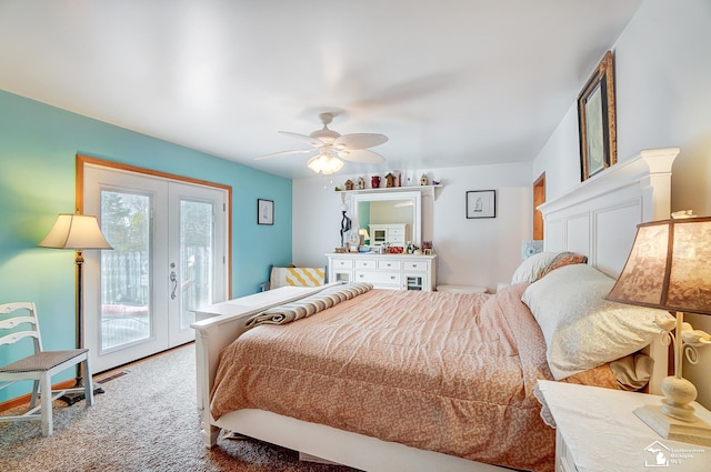 bedroom with access to exterior, ceiling fan, french doors, and carpet floors