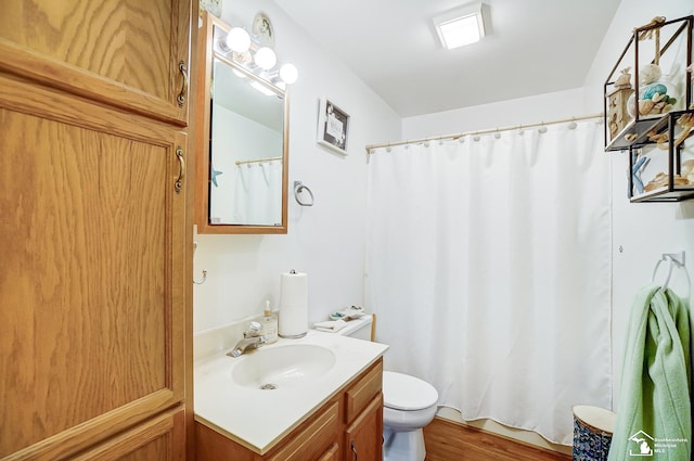 bathroom featuring vanity, wood-type flooring, and toilet