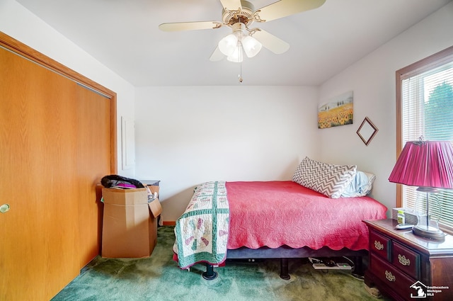 bedroom with ceiling fan, a closet, and carpet floors