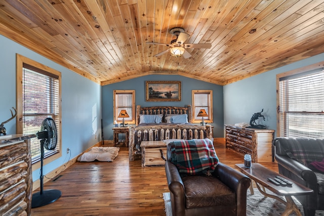 bedroom featuring dark hardwood / wood-style flooring, vaulted ceiling, multiple windows, and wood ceiling