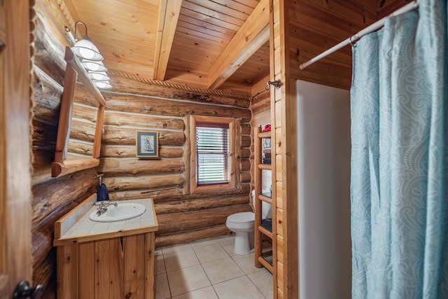 bathroom with vanity, wooden ceiling, tile patterned floors, toilet, and beam ceiling