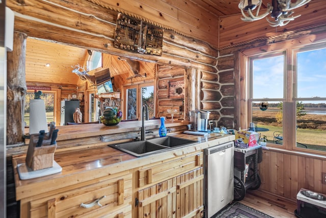 kitchen with wood counters, stainless steel dishwasher, wood ceiling, sink, and wood-type flooring