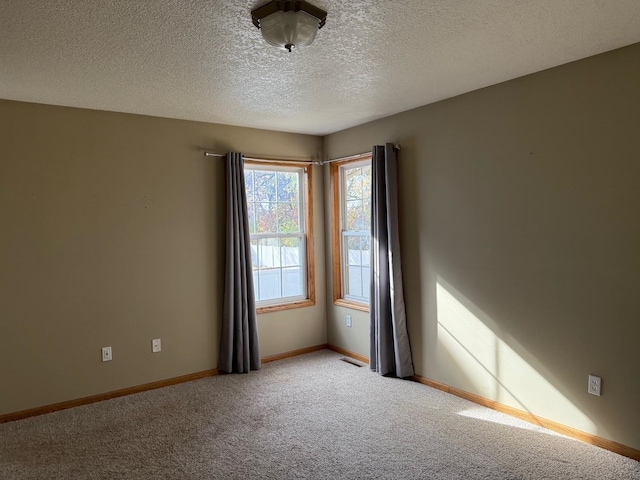 spare room with light colored carpet and a textured ceiling