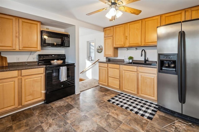 kitchen with ceiling fan, sink, black appliances, and light brown cabinets