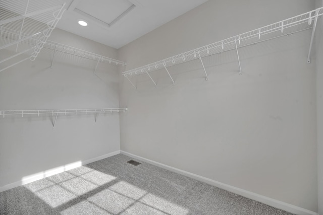 spacious closet featuring attic access, visible vents, and carpet flooring