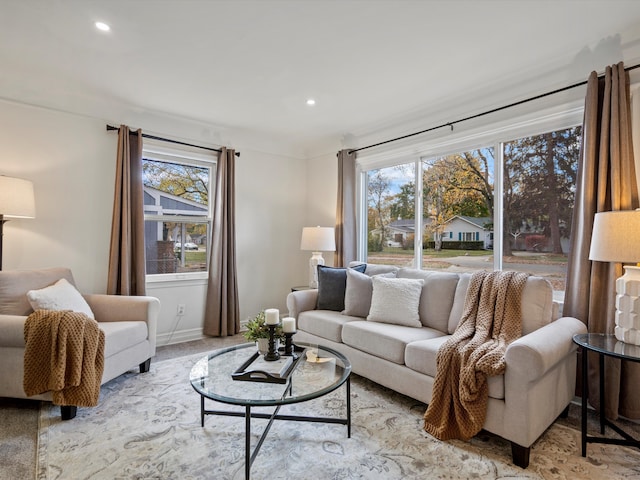 living room with light colored carpet and a wealth of natural light