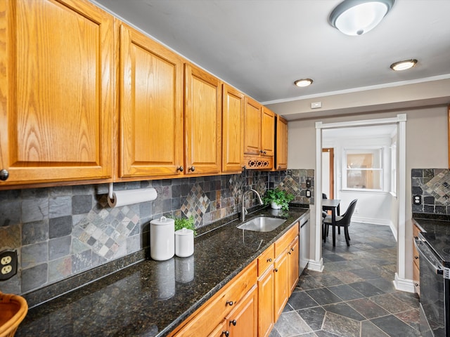 23096 Hawthorne St, Farmington, MI 48336 - kitchen featuring baseboards, dishwasher, a sink, crown molding, and electric range