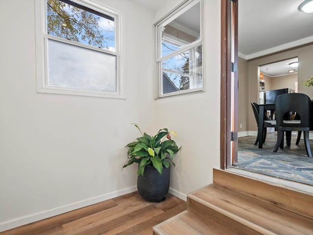 room details with hardwood / wood-style floors and ornamental molding