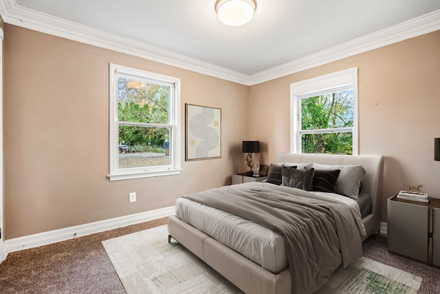 carpeted bedroom with multiple windows and ornamental molding