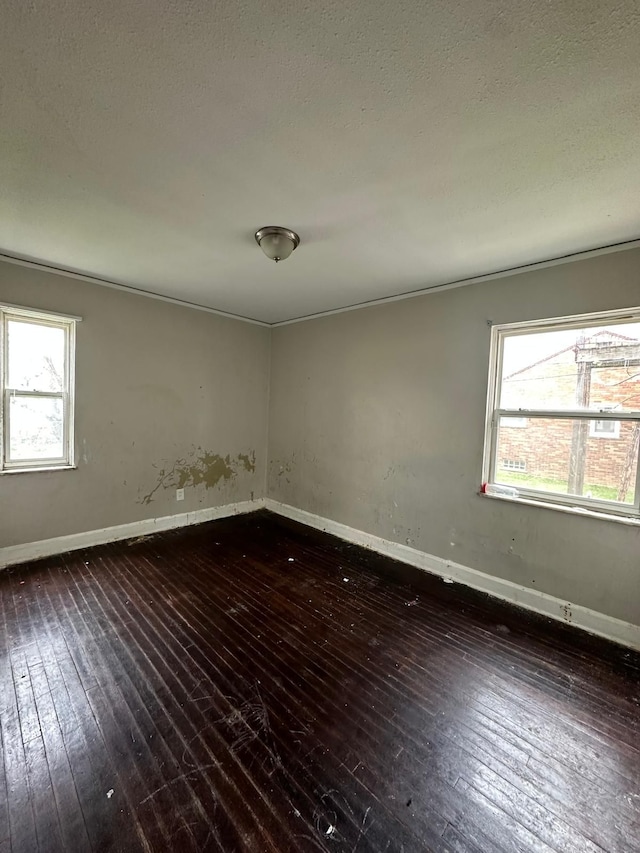 spare room with a healthy amount of sunlight, dark hardwood / wood-style floors, and a textured ceiling