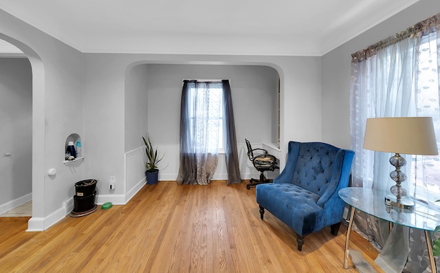 living area with light hardwood / wood-style floors and ornamental molding