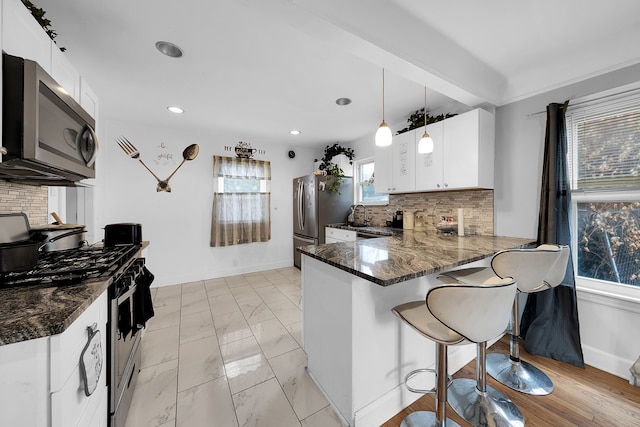 kitchen featuring tasteful backsplash, a healthy amount of sunlight, stainless steel appliances, and decorative light fixtures